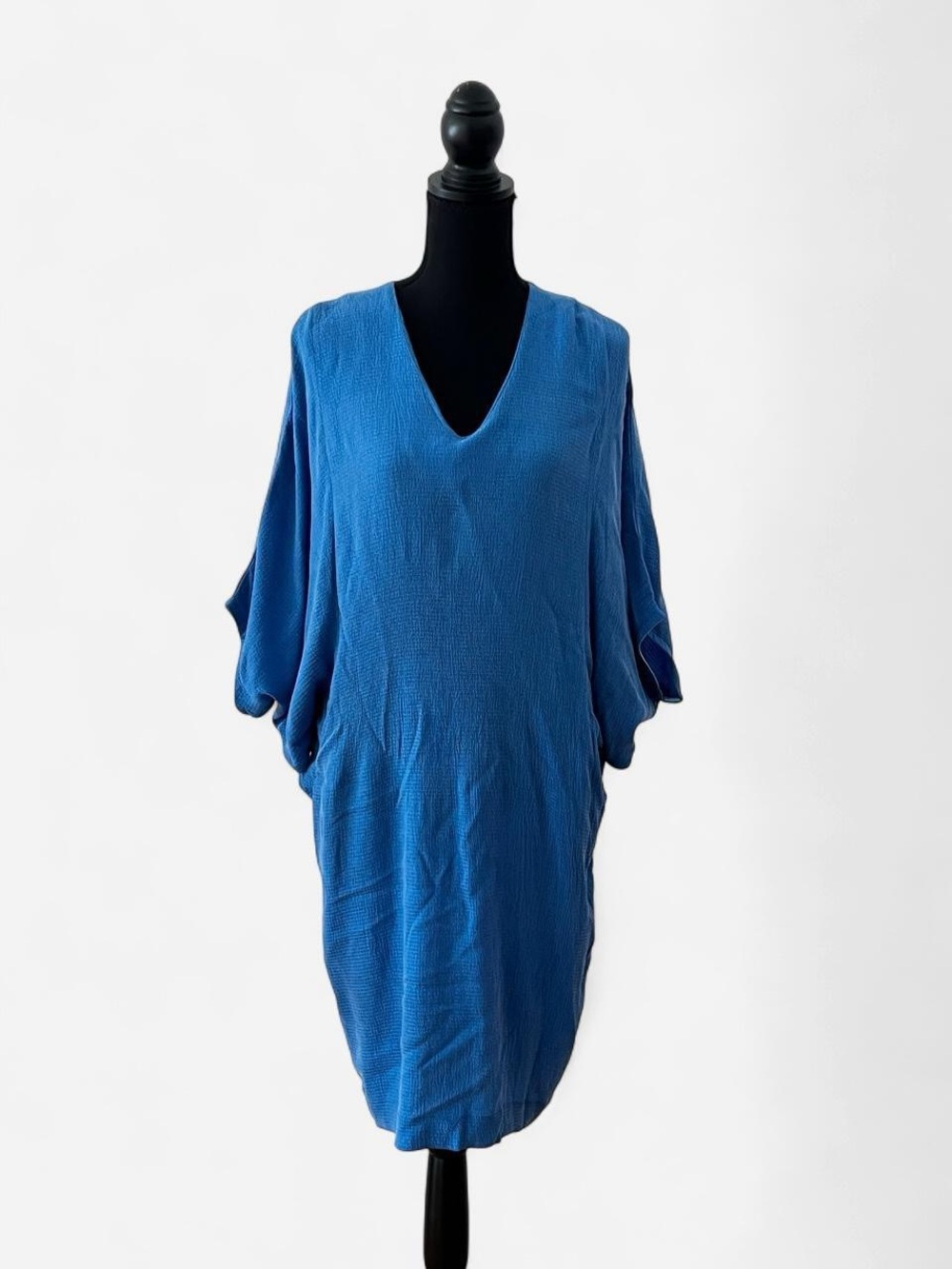 Ginger Caftan Blue Cocoon Midi Dress Size Large Boho Minimalist Chic Textured